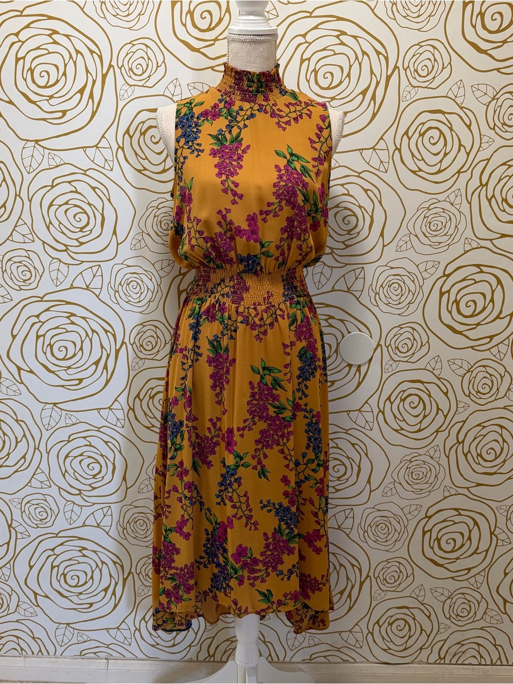 Nanette Lepore Sleeveless Mustard Floral Smocked Waist high low Dress